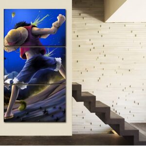 Tableau triptyque représentant Monkey D Luffy au chapeau de paille dans une composition dynamique en trois panneaux