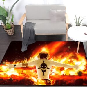 Tapis One Piece présentant Ace Portgas D enflammé avec design feu dramatique aux teintes chaudes et orangées