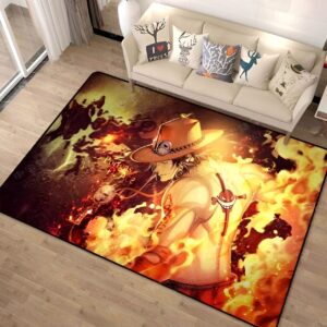 Tapis One Piece Portgas D. Ace design ardent flamboyant avec texture peluche et base antidérapante