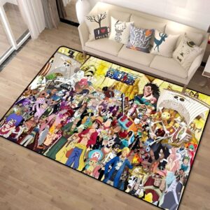 Tapis de sol One Piece affichant l'équipage complet du Chapeau de Paille incluant Luffy, Zoro, Nami et tous leurs compagnons de voyage