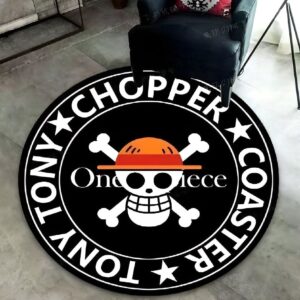 Tapis rond polyester 100cm avec Jolly Roger Chopper One Piece, design circulaire motif pirate, base antidérapante