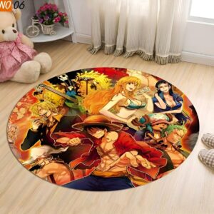 Tapis rond One Piece représentant l'équipage au Chapeau de Paille avec motifs colorés