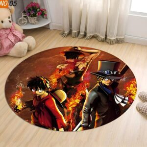 Tapis rond 100 cm représentant les frères Luffy, Ace et Sabo de One Piece, polyester anti-bactérien