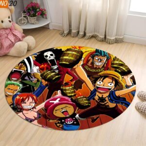 Tapis rond One Piece mettant en scène l'équipage Nakama des Pirates au Chapeau de Paille dans une ambiance festive et colorée