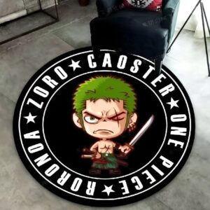 Tapis rond polyester 100cm avec Zoro chibi One Piece style mignon, motif épéiste, base antidérapante lavable