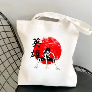 Tote bag One Piece Luffy avec chapeau de paille devant soleil stylise coton
