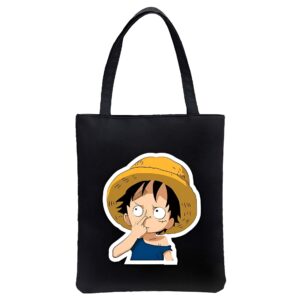 Tote bag Luffy kawaii sur coton noir 40x35 cm inspiré One Piece