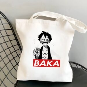 Tote bag coton 38x35 cm avec visuel Luffy BAKA, capitaine des Mugiwara
