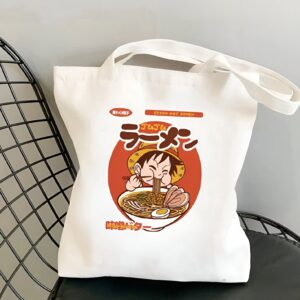 Tote bag One Piece Luffy avec bol de ramen impression cartoon coton