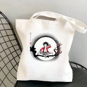 Tote bag One Piece Luffy entoure de fleurs de sakura en coton naturel