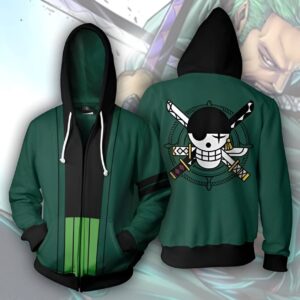 Veste à capuche Zoro One Piece avec impression 3D fidèle au sabreur légendaire des Mugiwara