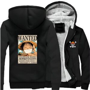 Veste Luffy avec avis de recherche en impression 3D, coton-polyester, disponible en noir, rouge et bleu