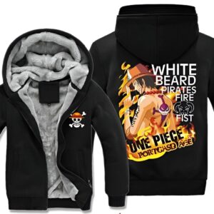 Veste polaire Portgas D. Ace Poings Ardents avec logo équipage Barbe Blanche
