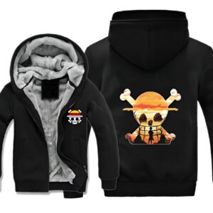 Veste polaire One Piece avec drapeau pirate brodé, doublure fausse fourrure