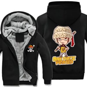 Veste polaire Trafalgar Law One Piece, design avis de recherche, polyester chaud avec capuche