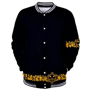 Veste Teddy noire avec détails de design universitaire inspirée de Trafalgar Law et l'univers One Piece manga