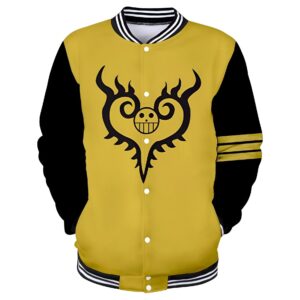 Veste Teddy grise et noire inspirée par Trafalgar Law avec détails distinctifs de l'univers One Piece